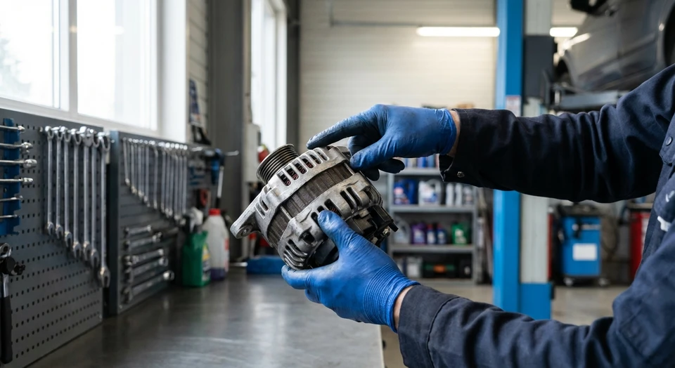 Photographie en gros plan d'un mécanicien ou d'un professionnel automobile en atelier inspectant une pièce détachée automobile usagée mais en bon état (par exemple : un alternateur, un démarreur ou un composant moteur) tenue dans ses mains, montrant l'examen minutieux de la qualité. La pièce doit être clairement visible et propre. L'arrière-plan doit montrer un atelier automobile professionnel avec des outils et du matériel automotive. L'image doit transmettre la notion de vérification qualité et de fiabilité des pièces d'occasion.