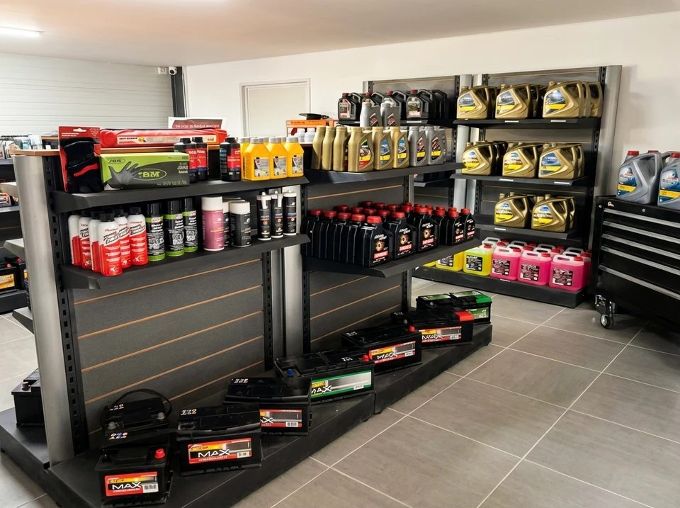Intérieur d'un magasin de distribution automobile, montrant des étagères bien organisées avec des pièces détachées automobiles variées (filtres, plaquettes de frein, courroies, liquides), avec un client professionnel ou un vendeur pointant vers une pièce sur le rayon, illustrant l'accès immédiat et direct aux stocks locaux sans attente ni incertitude de livraison.